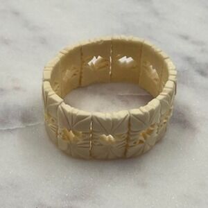 Vintage Carved bone Cream Leaf Scroll Wide Stretch Cuff Bracelet Off White